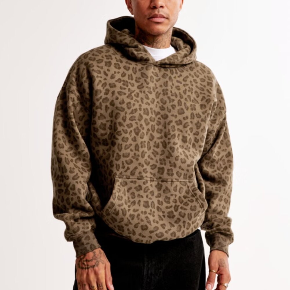Men's Abercrombie & Fitch Essential Popover Hoodie, Brown Leopard Print, Large